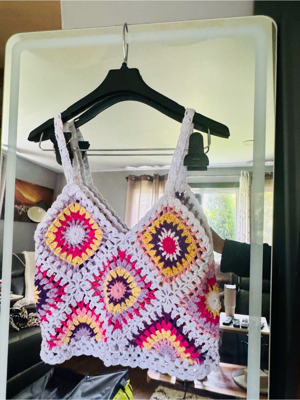 Handmade Crochet V-Neck Tank Top in White with Pink & Yellow Accents sz m